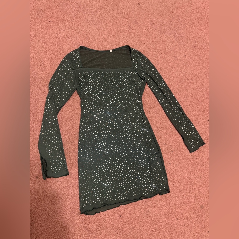 New large green sheer mesh rhinestone mini stretchy dress long sleeve cocktail
